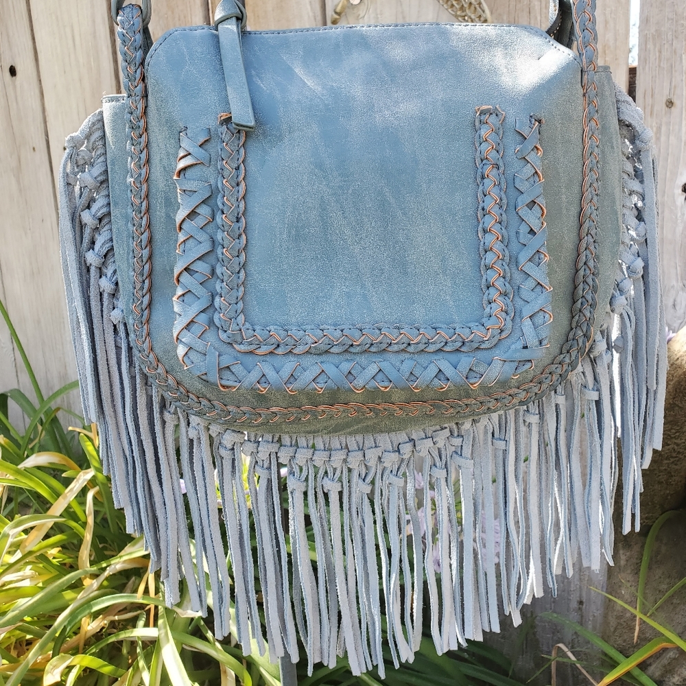 Blue Crossbody Boho Fringed Handbag